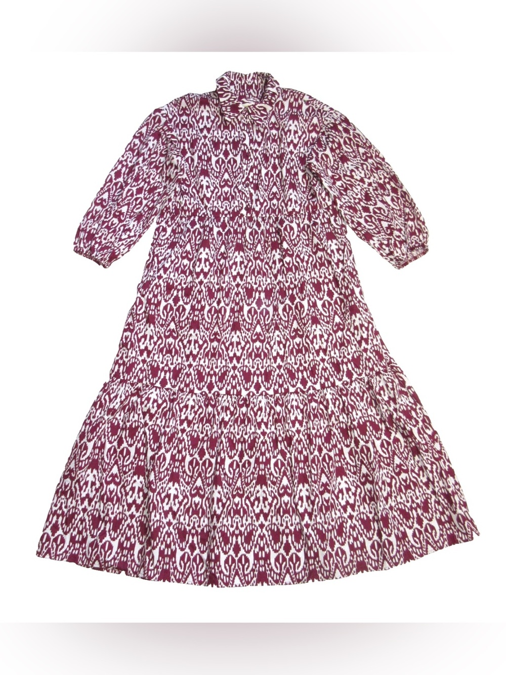 Anthropologie Maeve Bettina Burgandy & White Printed Tiered Midi Dress